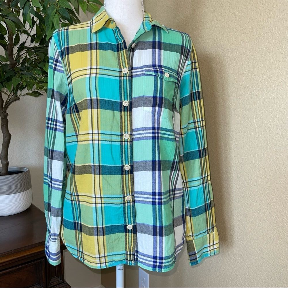 J. Crew Boy Shirt Green & Yellow Plaid Button Down Top Shirt Sz 4
